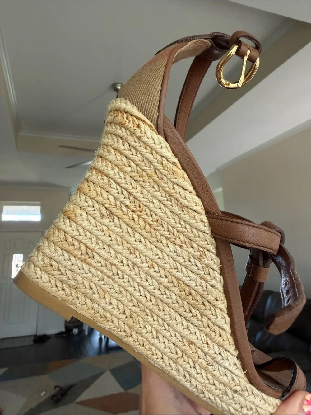 Burberry Brown Leather And Rope Espadrille Wedge Sandals House Check